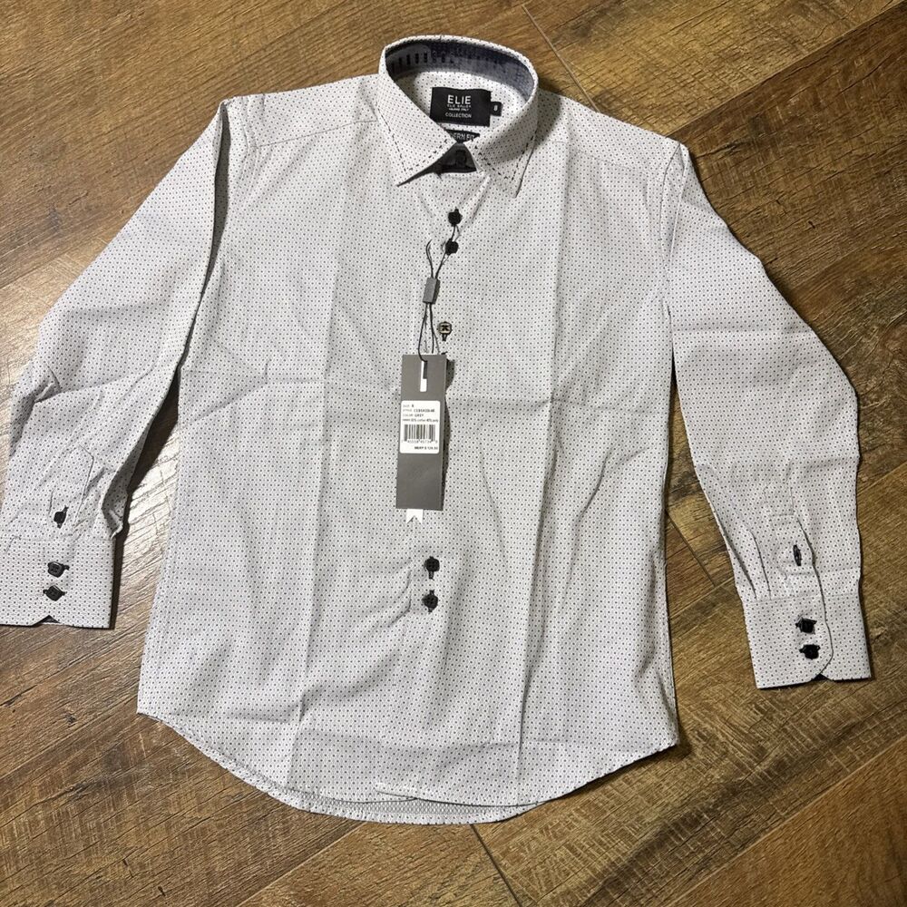 Elie Balleh Boys Size 8 Dress Shirt Gray Micro Print Long Sleeve Button Up NWT